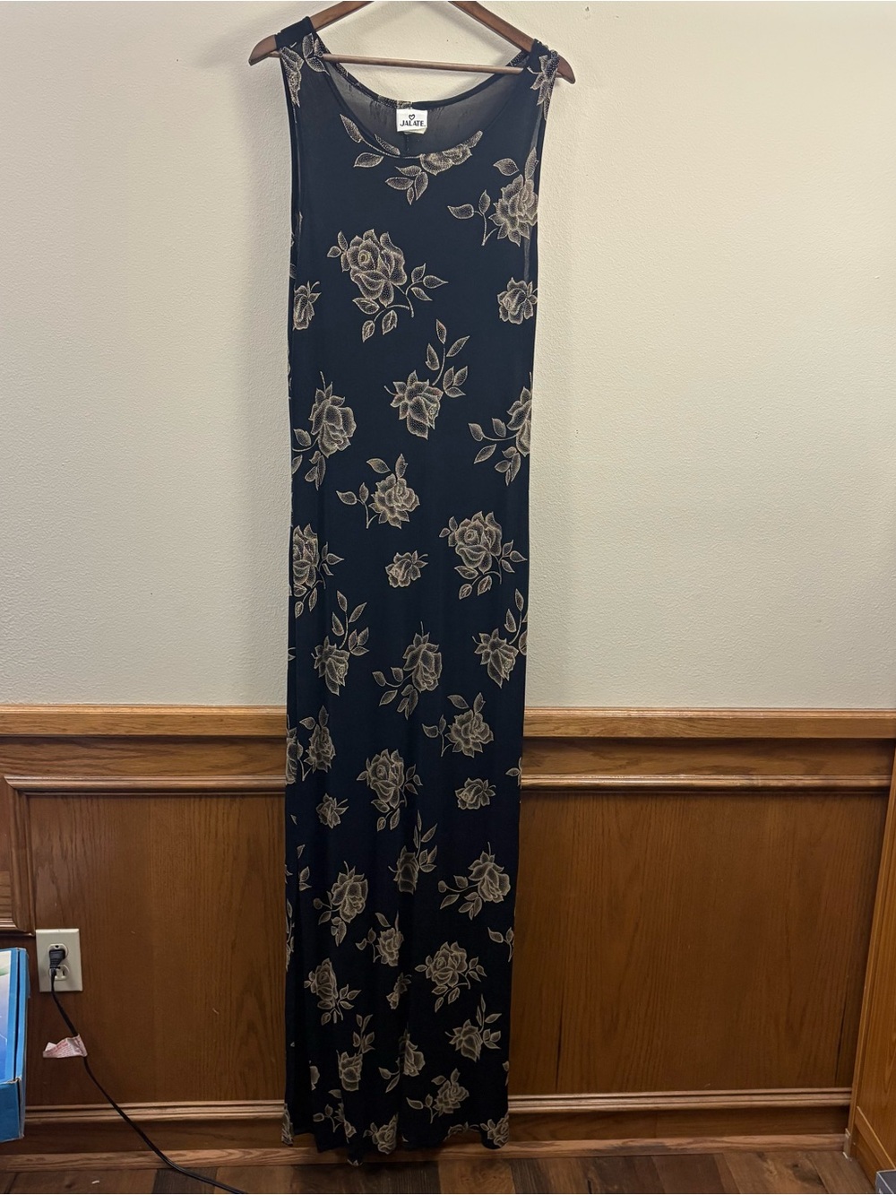 Vintage Jalate Sleeveless gold Floral black maxi Dress women’s M 72” long sheer